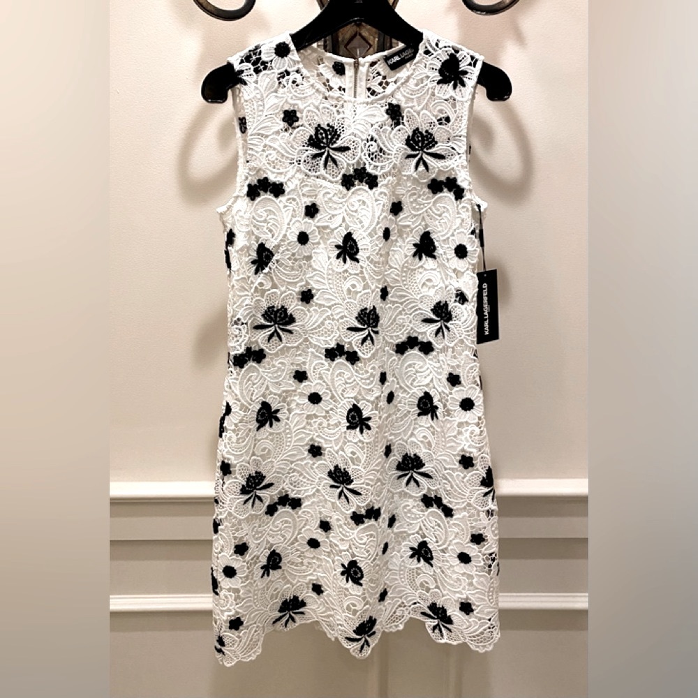 NWT *KARL LAGERFELD* Crocheted Dress … White w/Black Florals … Size: 8